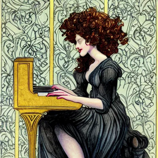 Image similar to girl with curly blonde hair sitting at a piano, art by rebecca guay