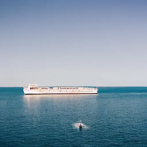 Prompt: photograph of a ship full of graduates, wide shot, sunny day, soft focus