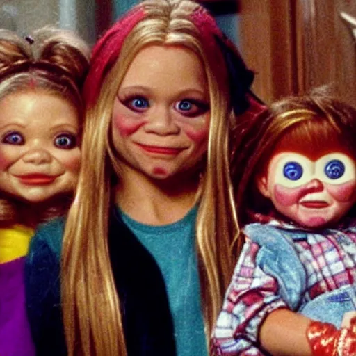 Image similar to the olsen twins from full house holding chucky the evil killer doll from the movie child's play on an episode of full house