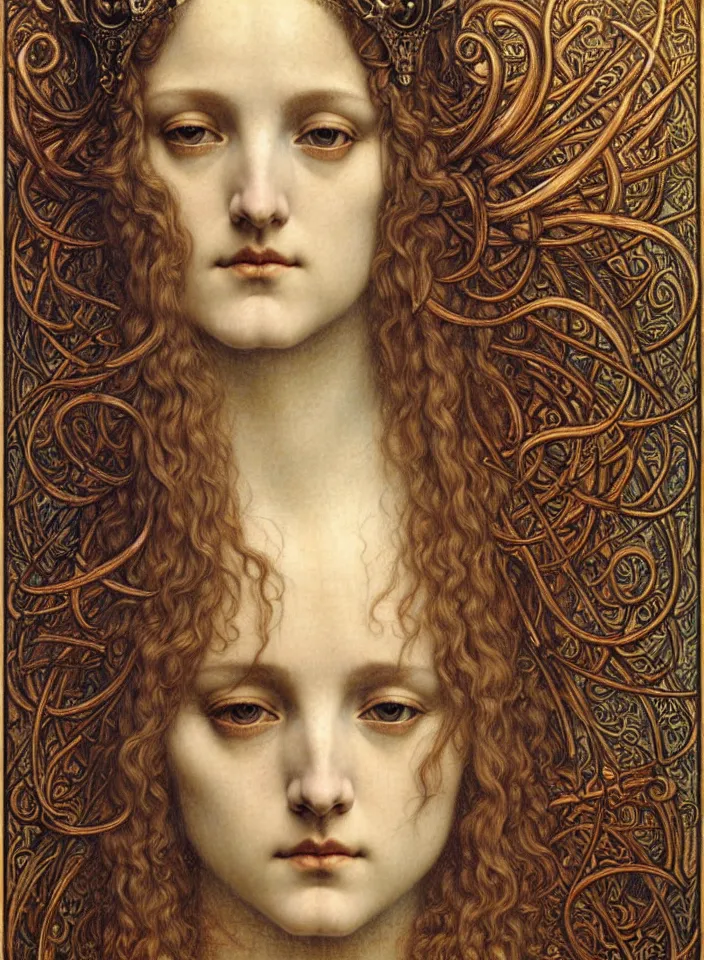 Image similar to detailed realistic beautiful young medieval queen face portrait by jean delville, gustave dore and marco mazzoni, art nouveau, symbolist, visionary, gothic, pre - raphaelite. horizontal symmetry