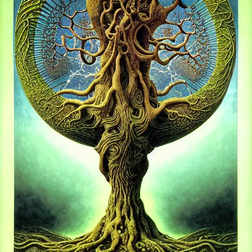 Prompt: sacred ancient ancestral mulberry tree by roger dean and andrew ferez, art forms of nature by ernst haeckel, divine chaos engine, symbolist, visionary, art nouveau, botanical fractal structures, tree of life, lightning, detailed, realistic, surreality