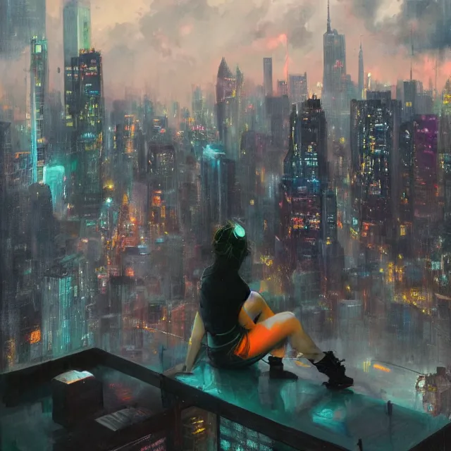 Prompt: a girl sitting on concrete ledge overlooking a futuristic new york city below, ghostpunk, neon lights, storm clouds, rain, by craig mullins, by jc leyendecker, by james jean