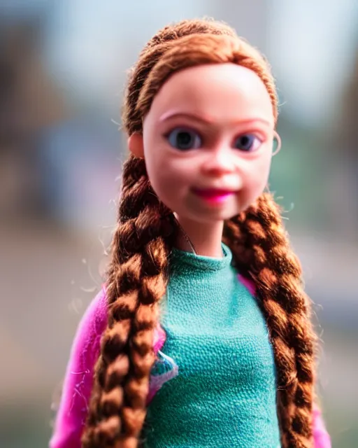 Image similar to high quality presentation photo of a cute greta thunberg barbie doll, photography 4k, f1.8 anamorphic, bokeh, 4k, Canon, Nikon