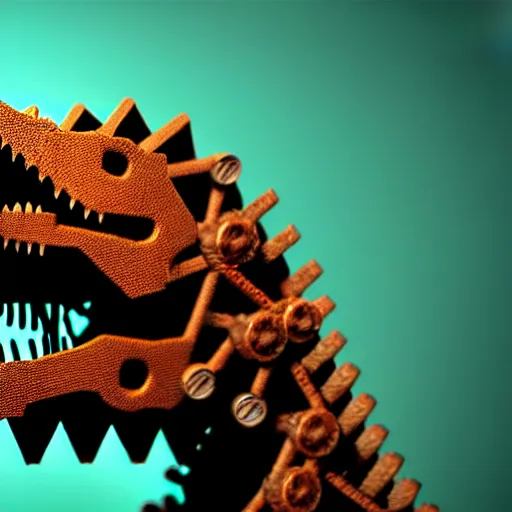 Prompt: a t-rex made out of rusty gears and wires showing life signs, photorealistic, bokeh, octane render, coherent