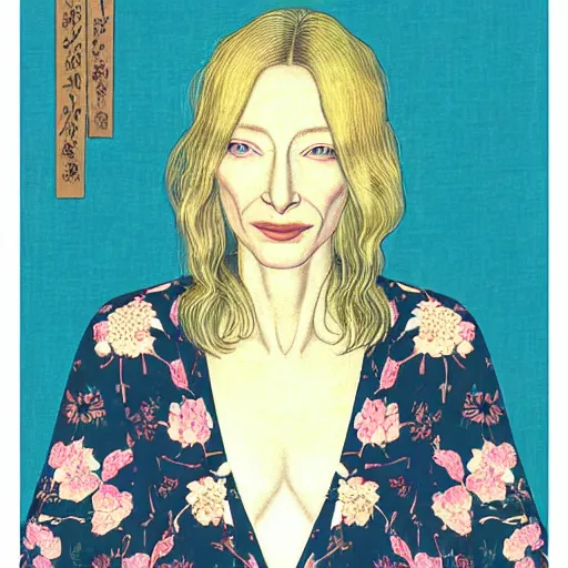 Image similar to “ cate blanchett portrait by ikenaga yasunari and ayana otake and ko rakusui, 6 0 s poster, drawing, realistic, sharp focus, japanese, dreamy, nostalgia, faded, golden hues, floral clothes, porcelain skin ”