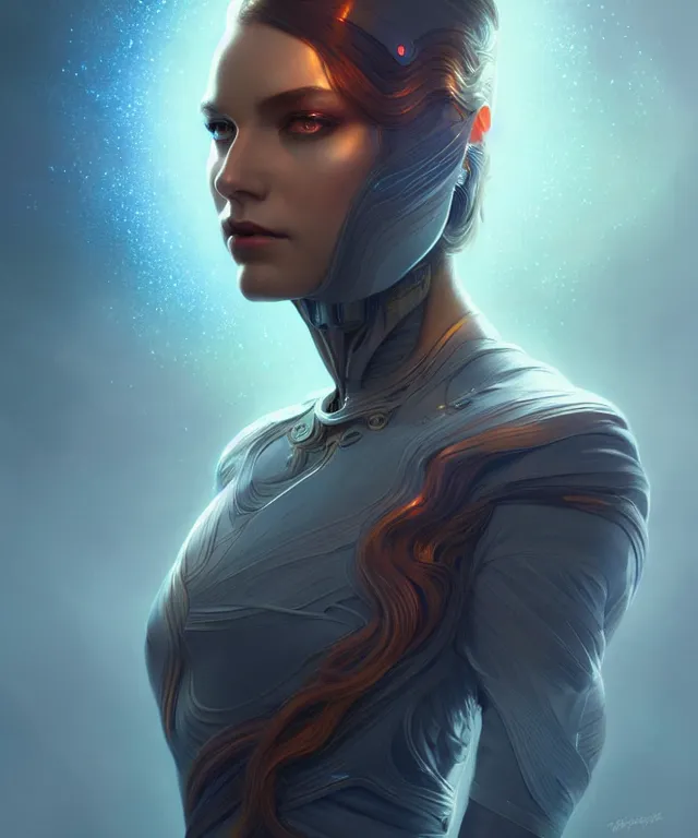 Image similar to futuristic woman portrait, sci-fi, amber eyes, face, long hair, fantasy, intricate, elegant, highly detailed, digital painting, artstation, concept art, smooth, sharp focus, illustration, art by artgerm and greg rutkowski and alphonse mucha