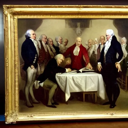 Prompt: john trumbull's painting of dracula and ben franklin smiling at each other as they sign the constitution. thomas jefferson is also dressed as a vampire