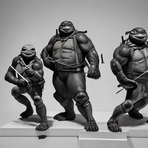 Image similar to teenage mutant ninja turtles as a sculpture by donatello, white marble, glossy, high details, cinematic