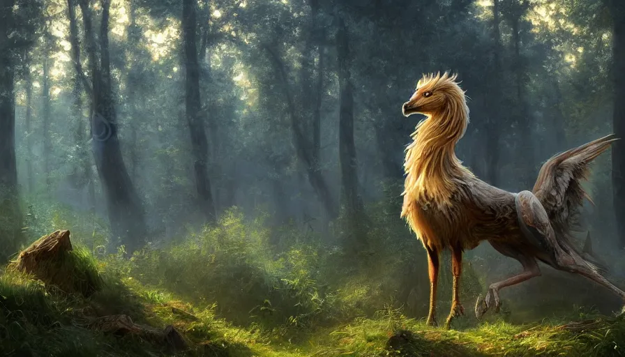 Prompt: A beautiful painting of a griffin in a magical forest, ray traced sun light, by john sargent and Kalin Popov , Trending on artstation HD.