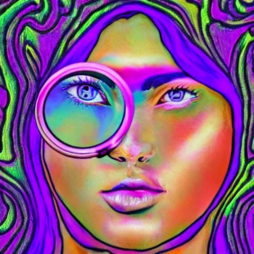 Prompt: trippy art of a woman looking through a magnifying glass