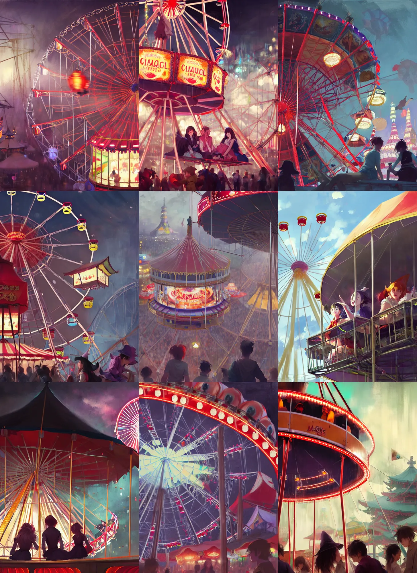 Prompt: close - up of student witches sitting in ferris wheel at a small carnival amusement, food stalls, big top circus tent, roaming entertainers, flashing lights, highly detailed, magical, japan mountains, digital painting, concept art, matte, art by ruan jia and wlop and greg rutkowski and makoto shinkai, masterpiece