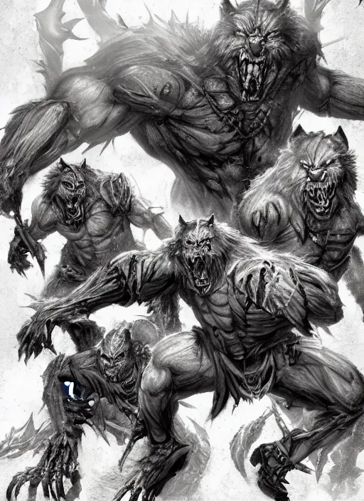 Prompt: a massively muscled werewolf fighting an army of skeletons in an underground tomb, ultra detailed, fantasy, trending on artstation, award - winning, artgerm and greg rutkowski, 8 k