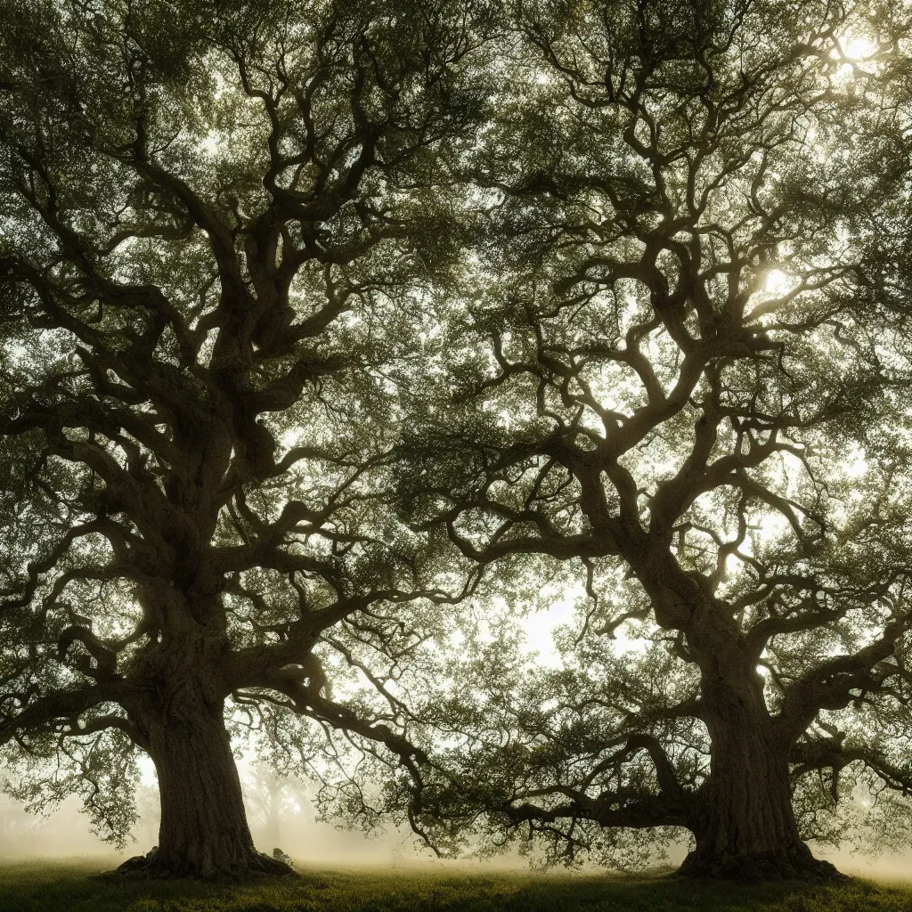 Image similar to old oak tree smoothly transitioning into four seasons of the year, with big tree hollow in the trunk, with ladder hanging down from the tree hollow, the tree is growing on a meadow partially covered with morning fog cinematic lighting, photo realistic image, 4K, super detailed, cinematic look