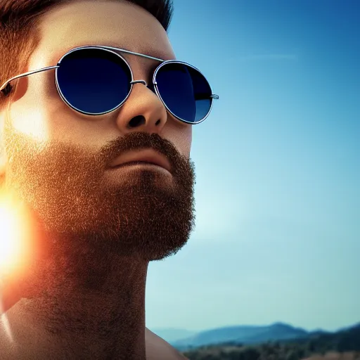 Prompt: Man presented as looking at the sun with sunglasses, ultra-realistic