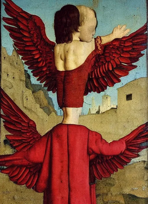 Image similar to Flying Fallen Angel with wings dressed in red, Medieval painting by Jan van Eyck, Johannes Vermeer, Florence