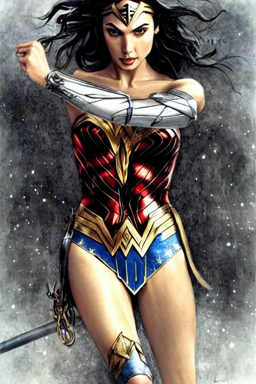 Prompt: Gal Gadot as Wonder Woman, illustration by Luis Royo