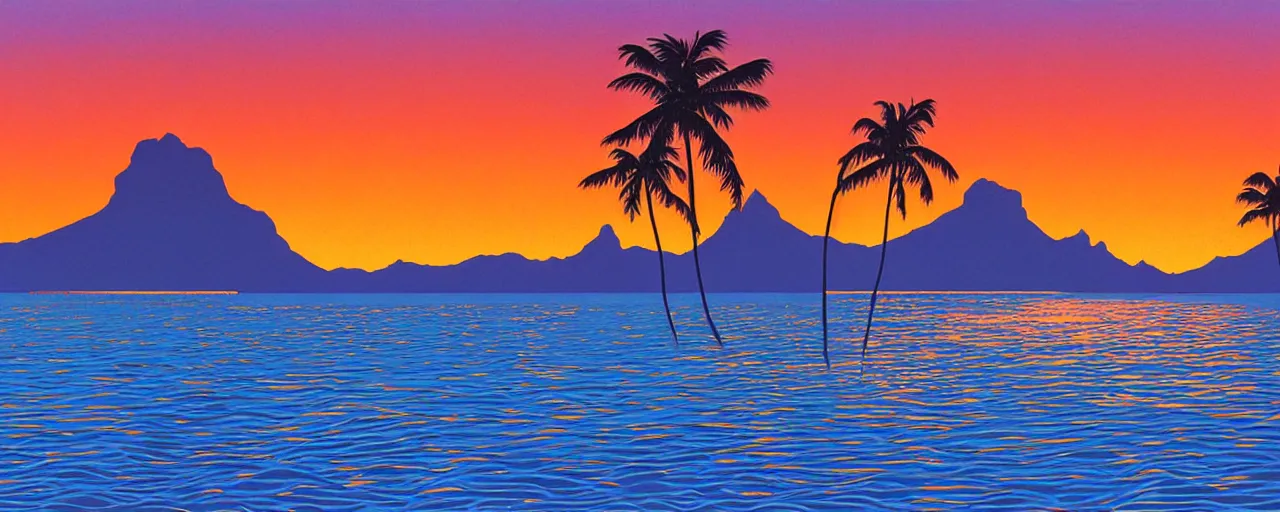 Image similar to serene bora bora landscape, golden hour, hiroshi nagai