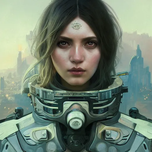 Image similar to portrait painting of a futuristic female rebel, ultra realistic, concept art, intricate details, eerie, highly detailed, photorealistic, octane render, 8 k, unreal engine. art by artgerm and greg rutkowski and alphonse mucha