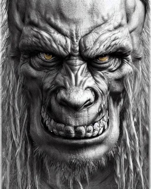 Image similar to orc, hyper realism, fine details, deviantart artstation, extremely detailed, black and white, very sharp, in the style of albrecht durer