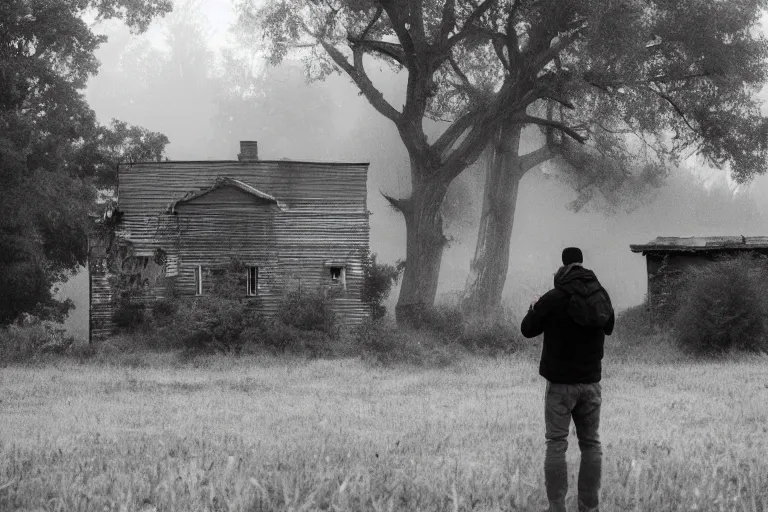 Image similar to a tourist taking a photo of an abandoned farmhouse, cinematic shot, foggy, photo still from movie by denis villeneuve