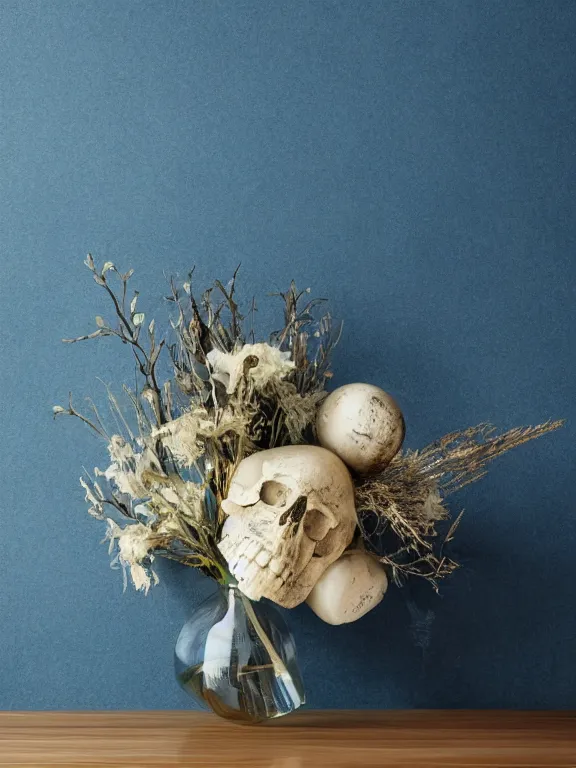 Prompt: a medium-shot still life with messy dried bouquet, in a glass vase shaped as a skull, on seablue handmade wallpapers background, studio lightning oil on canvas