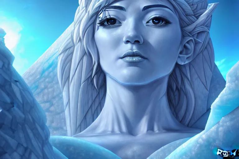 Image similar to a female goddess carved into a giant block of ice in an extradimensional realm, a shrine to worship her at, intricately detailed, physically based rendering, realistic, in the style of artgerm, illustration, epic, fantasy, hyper detailed, artstation, smooth, sharp focus, ray tracing
