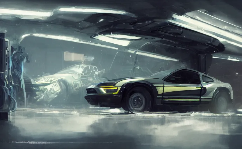 Image similar to close up interior shot of a mustang car, full car profile shot with 85mm, futuristic product car shot, neon lights, scifi robot repair workshop, Craig Mullins, Greg Rutkowski, volumetric light, artstation, octane render