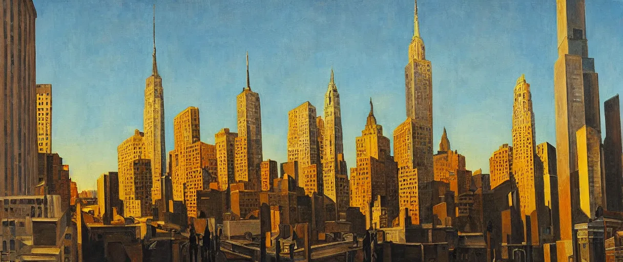 Image similar to Manhattan hanging sun in winter, street view, warm lighting, oil painting, by Giorgio de Chirico