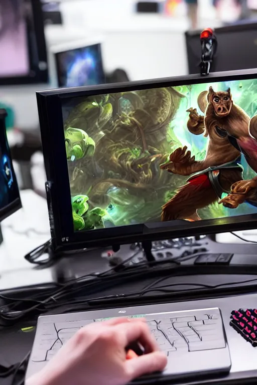 Prompt: A photo of a monkey playing league of legends on a alien ware computer. Photography. Photo realism. Hyper real
