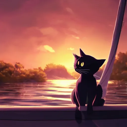Prompt: a wholesome animation key shot of a black cat sailing a boat in the night, medium shot, studio ghibli, pixar and disney animation, sharp, rendered in unreal engine 5, anime key art by greg rutkowski, bloom, dramatic lighting