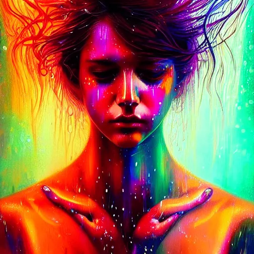 Image similar to portrait of girl in colored psychedelic rain with wet hair and face, fantasy, intricate, elegant, dramatic lighting, intense emotion, highly detailed, lifelike, photorealistic, digital painting, artstation, concept art, smooth, sharp focus, illustration, art by John Collier and Albert Aublet and Krenz Cushart and Artem Demura and Alphonse Mucha