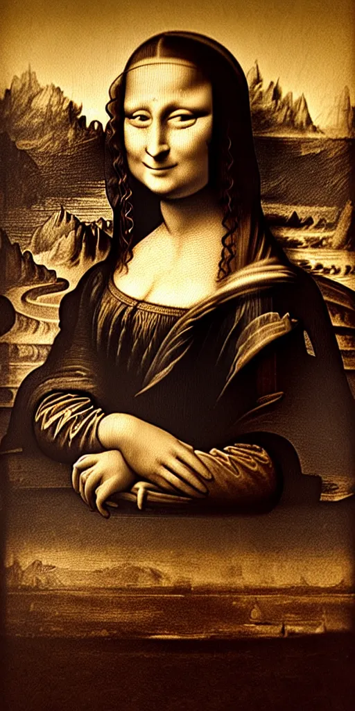 Prompt: mona lisa with earring in the style of h.r.giger, eiffel tower on fire in background, 35mm, sepia tone photograph