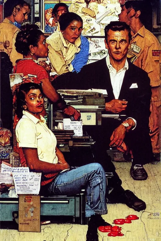 Prompt: Jackie Brown painted by Norman Rockwell