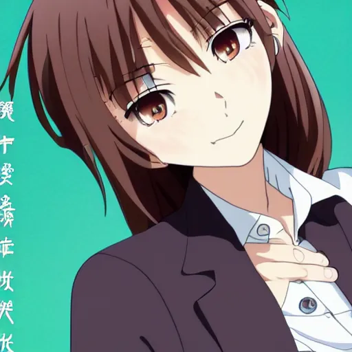 Image similar to Detailed anime key visual of a beautiful Japanese woman with short brown hair, shoulder-length; wearing a white shirt with a floral pattern; Official media