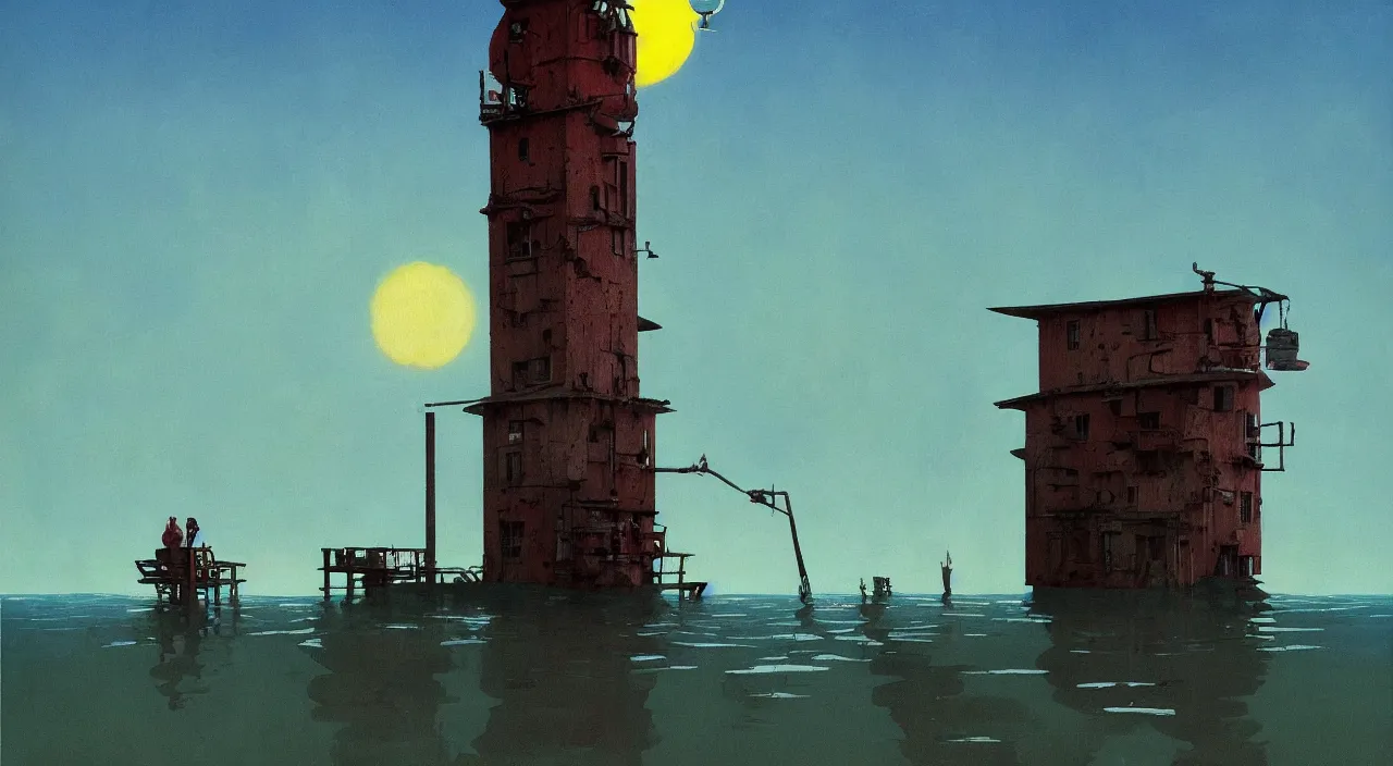 Prompt: flooded colorful surreal lonely single ancient primitive tower, very coherent high contrast!! painting by stalenhag spitzweg magritte syd mead norman rockwell edward hopper james gilleard, dark shadows, sunny day, triadic color scheme, hard lighting, masterpiece