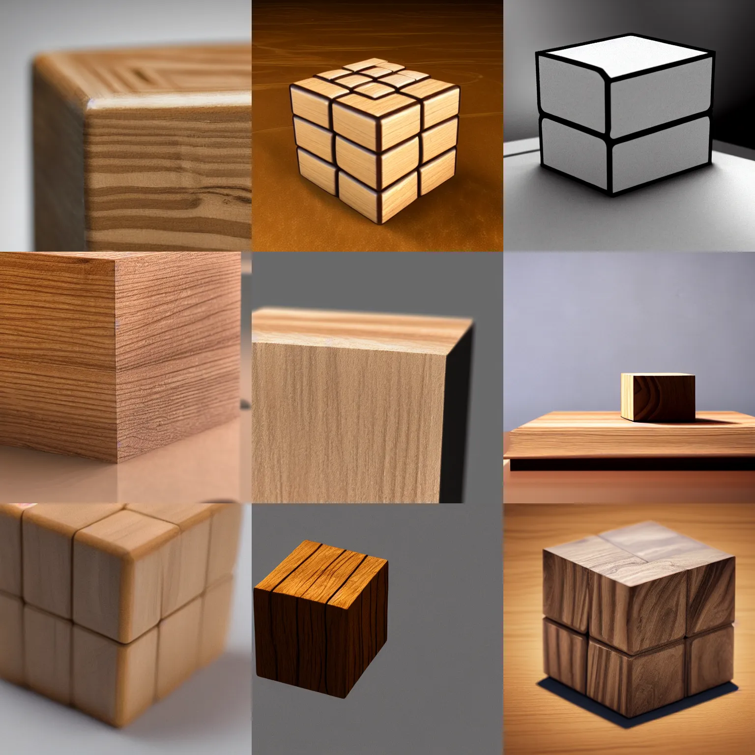 Prompt: 3d render of a wooden cube on a marble surface, close up, photorealistic