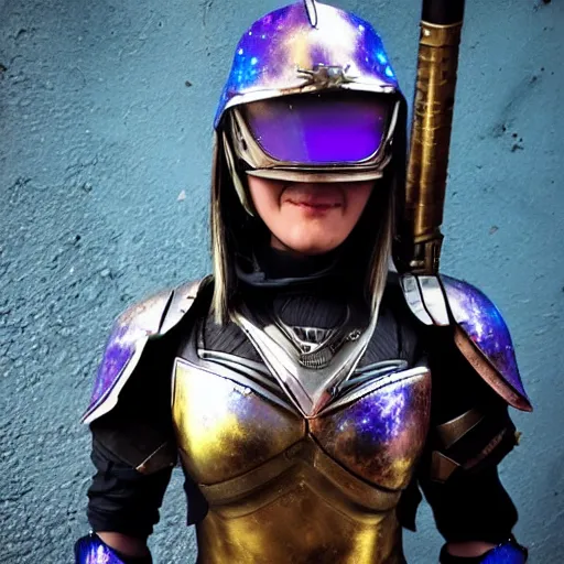 Image similar to photo of a female warrior with galaxy colored armour and weapons