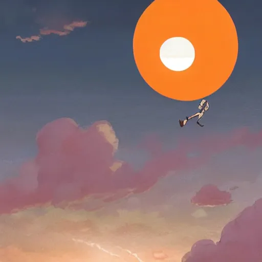 Image similar to the disembodied head of rudy giuliani is floating in the sky and covering the sun. the sky is orange. people on the ground are running away out of fear. a rotoscoped image, comedy, ( ( concept studio ghibli ) ) ( ( by greg rutkowski ) )