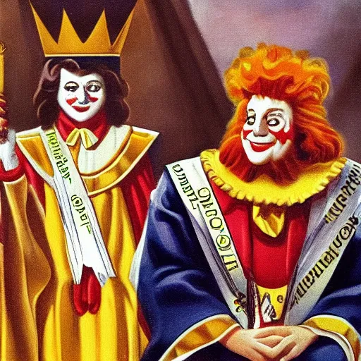 Prompt: Ronald McDonald Burger King coronation ceremony official lesser key of solomon masonic highly symbolic oil painting Turkish broadcast 720p film grain DVD rip