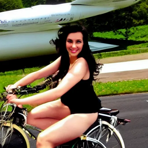 Prompt: a beautiful dark - haired girl riding a concorde