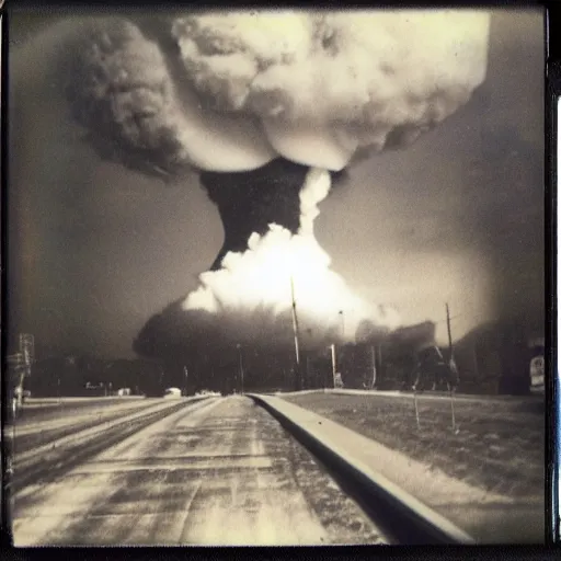 Prompt: polaroid photo of nuclear explosion in the big city moody dark