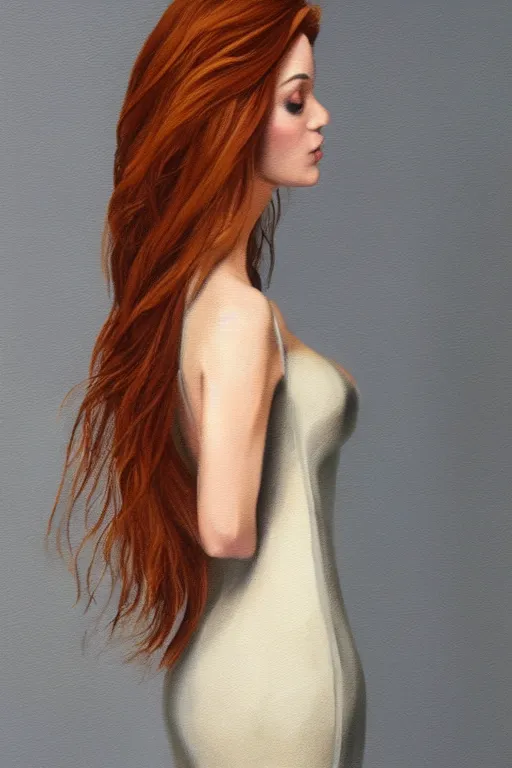 Prompt: ultra realist soft painting of a single beautiful female in a full long curvy slim dress, thin long auburn hair, symmetry accurate features, very intricate details, volumetric lighting, 1970 artstyle