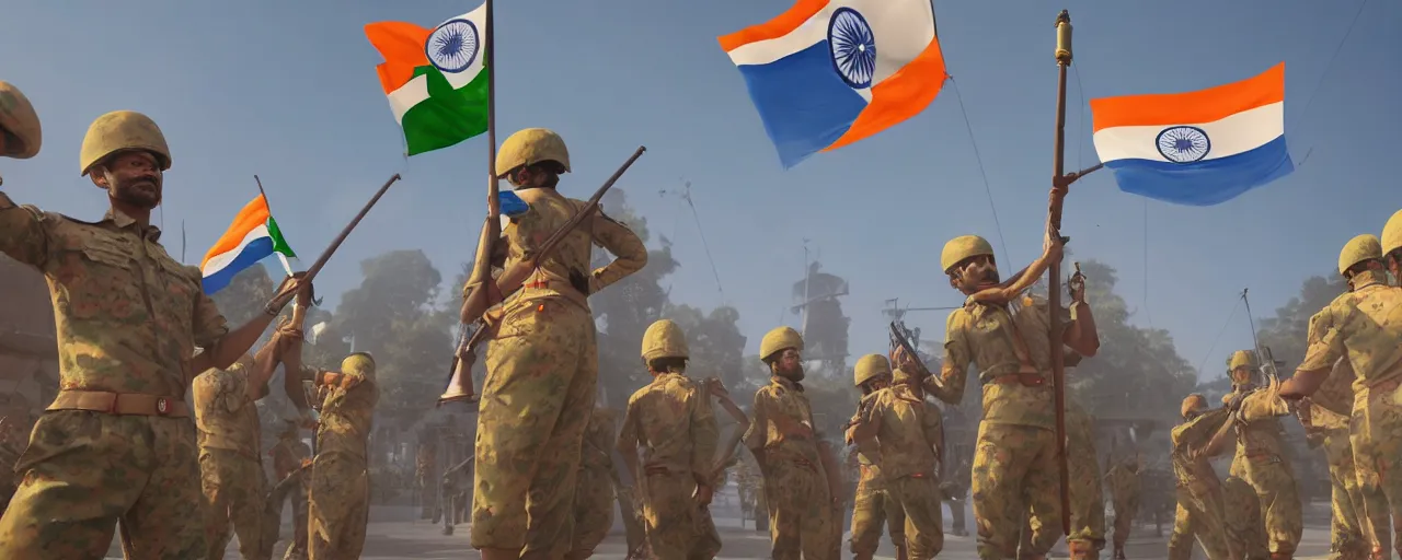 Prompt: indian soldiers hoisting the indian flag on independence day, 8 k uhd, unreal engine, octane render in the artstyle of finnian macmanus, john park and greg rutkowski