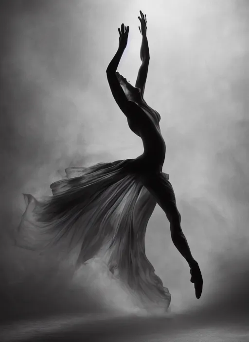 Image similar to a Photorealistic dramatic hyperrealistic render of a beautiful Female smoke dancer by Ken Brower and Deborah Ory of NYC Dance project,Lois Greenfield,Flowing cloth and smoke,Beautiful dynamic dramatic dark moody lighting,volumetric,shadows,cinematic atmosphere,Octane render,8K