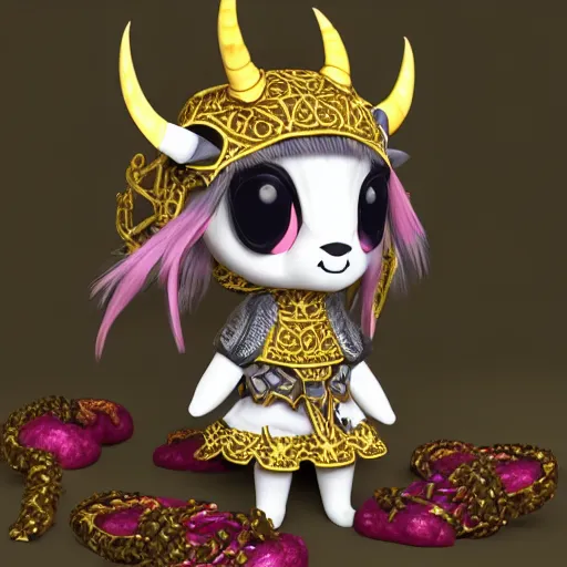 Image similar to cute fumo plush of a goat girl with horns, anime girl, tribal outfit with intricate celtic knot patterns, golden pauldrons, gothic maiden princess, artstation, vray