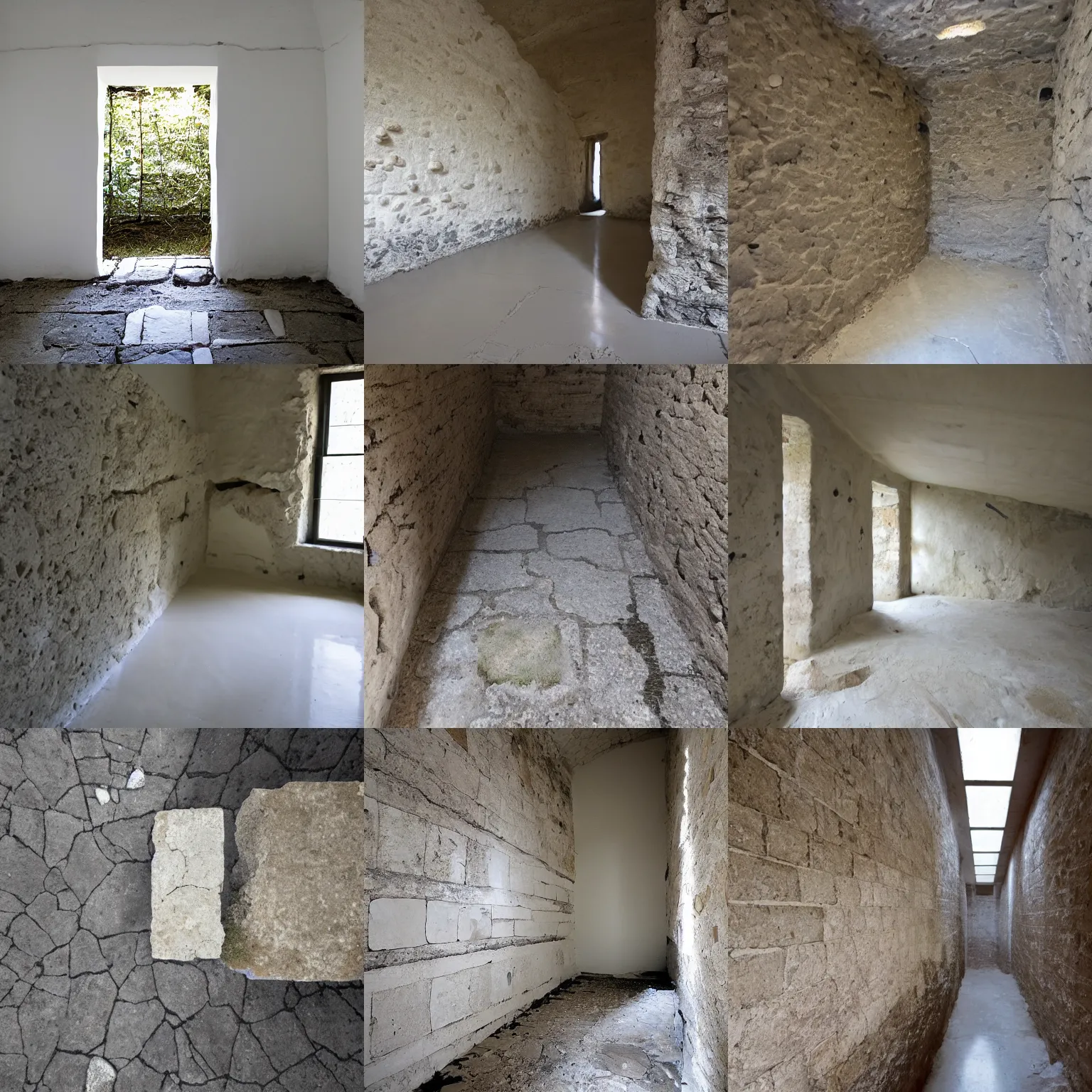 Prompt: cell! this space, barely wider than outstretched arms, seems to have been chopped raw and square from unfinished stone. only the floor is smooth - - a fine white surface beneath your feet. there is a narrow gap in the east wall.