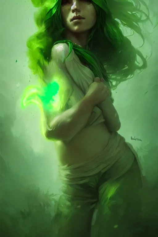 Prompt: character art by bastien lecouffe - deharme, young woman, green hair, green skin, nature powers, 4 k, arstation, trending