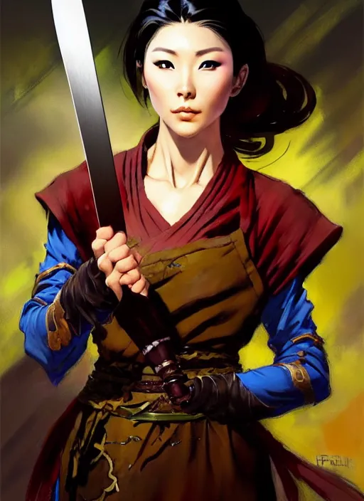 Prompt: magic : the gathering fantasy character concept art by frank frazetta and marco bucci, high resolution. a clear portrait of a stunning female south korean chef, wearing a beautiful hanbok apron, holding a kitchen knife, radiating powerful energy in the background, fantasy coloring, intricate, digital painting, artstation, smooth, sharp focus