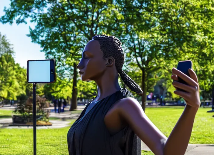 Image similar to photo still of a bronze statue of a woman using an iphone to take a selfie, in a park on a bright sunny day, 8 k 8 5 mm f 1 6