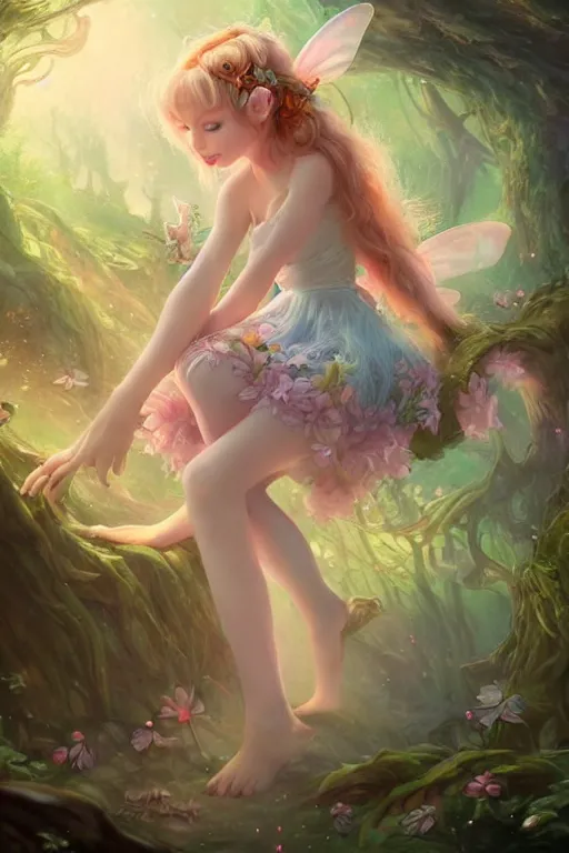 Image similar to a cute fairy in the dreamy forest, fantasy, 8 k resolution, hyper detailed, d & d, character design, digital painting, trending on artstation, sharp focus, illustration, art by artgerm, steve zheng, fuji choko, viktoria gavrilenko, hoang lap